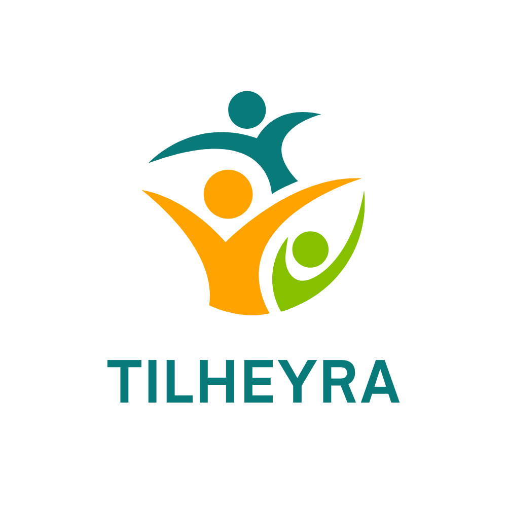 Tilheyra logo with teal, orange, and green figures representing inclusion and cooperation.