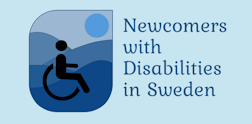 Logo-vectoricon-WP-small Text: Newcomers with Disabilities in Sweden.
Picture: a black wheelchair in the front with blue water, hills and sun in the background.